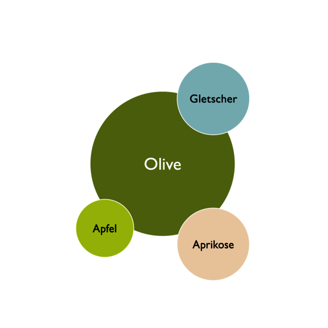 Farbkreis der Kernfarben in der Sommerwiese Wohnidee - Olive, Gletscher, Apfel, Aprikose.