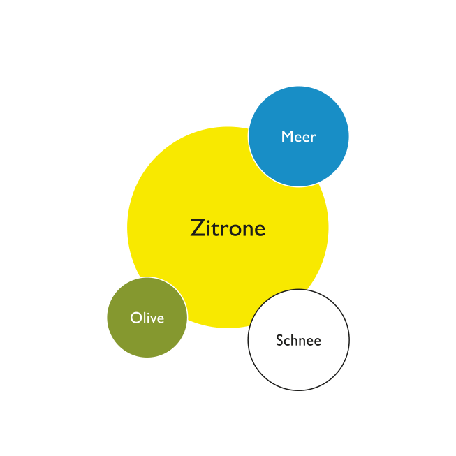 Farbkreis der Kernfarben in der Lebensfreude Wohnidee - Zitrone, Meer, Olive, Schnee